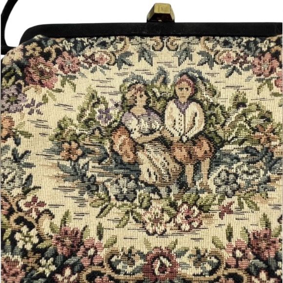 Vintage Tapestry Handbag Double Black Satin Handles Attached Satin Change Purse - Picture 9 of 11